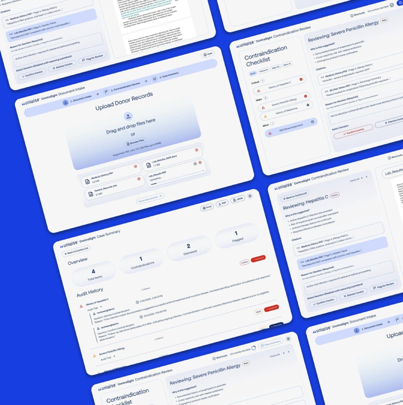ContraSight product screens: document intake, contraindication review, and case summary