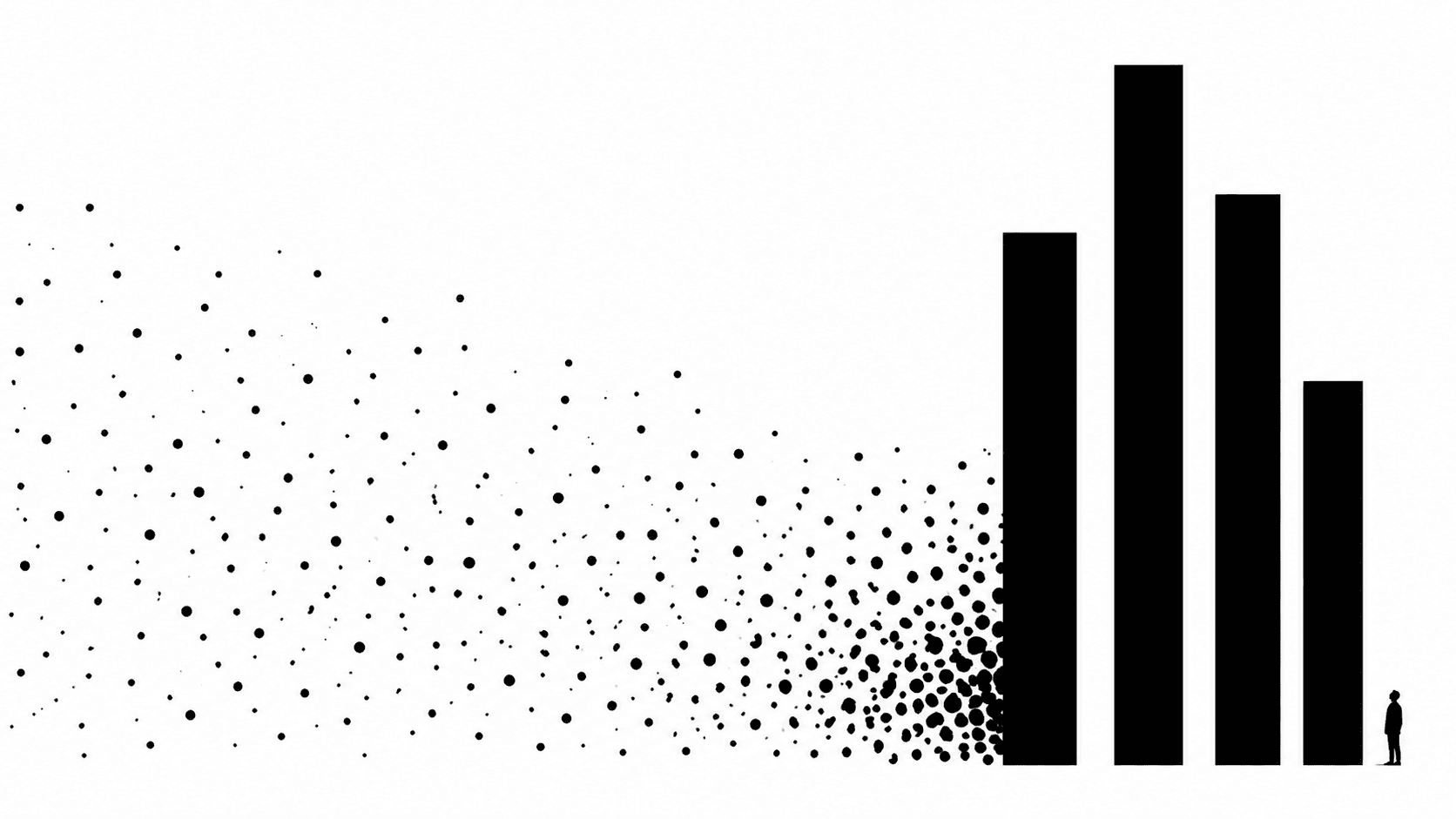 Small human silhouette facing a broken black machine jaw
